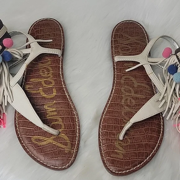 SAM EDELMAN Gere Western Fringe Pom‎ Pom Boho Hippie Gladiator Thong Sandals 8.5 - Picture 4 of 14